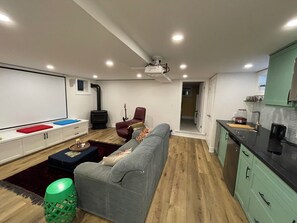 Ein modernes Wohnzimmer mit einem grauen Sofa, einem roten Sessel, einem schwarzen Kamin und einer Küchenzeile mit grünen Schränken.