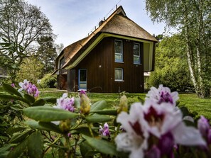 A wooden house with a thatched roof, surrounded by greenery and flowering plants. - Holiday Home in Zingst With Swimming Pool (Zingst)