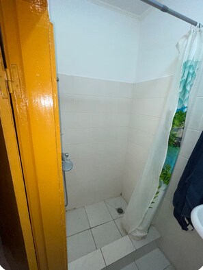 A bathroom with a shower, a toilet, and a yellow door. - Ideal apartment with bedroom, living room, kitchen, and shower (louis)