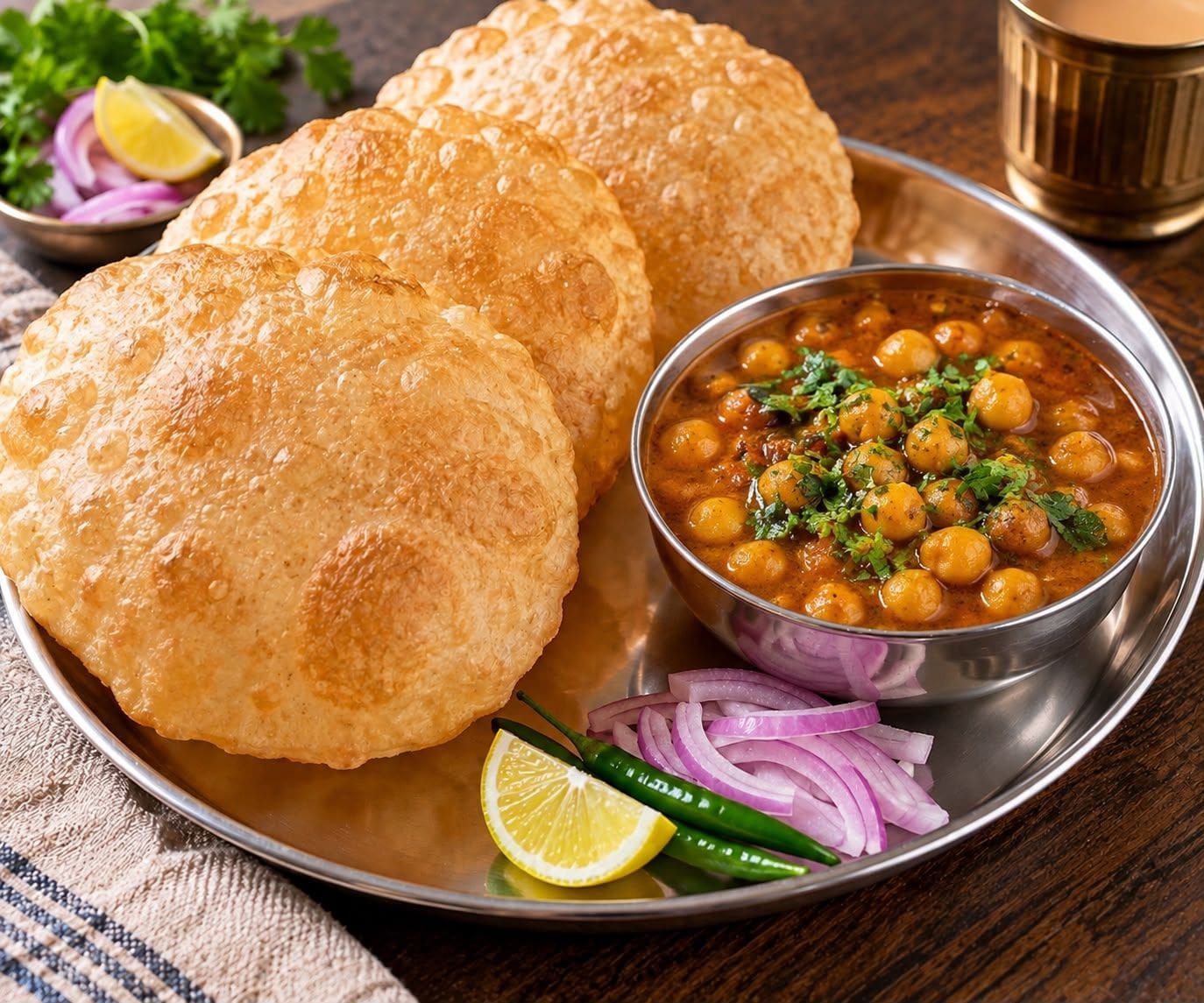 A plate with two pieces of fried bread and a bowl of chickpea curry, accompanied by sliced onions and a lemon wedge.