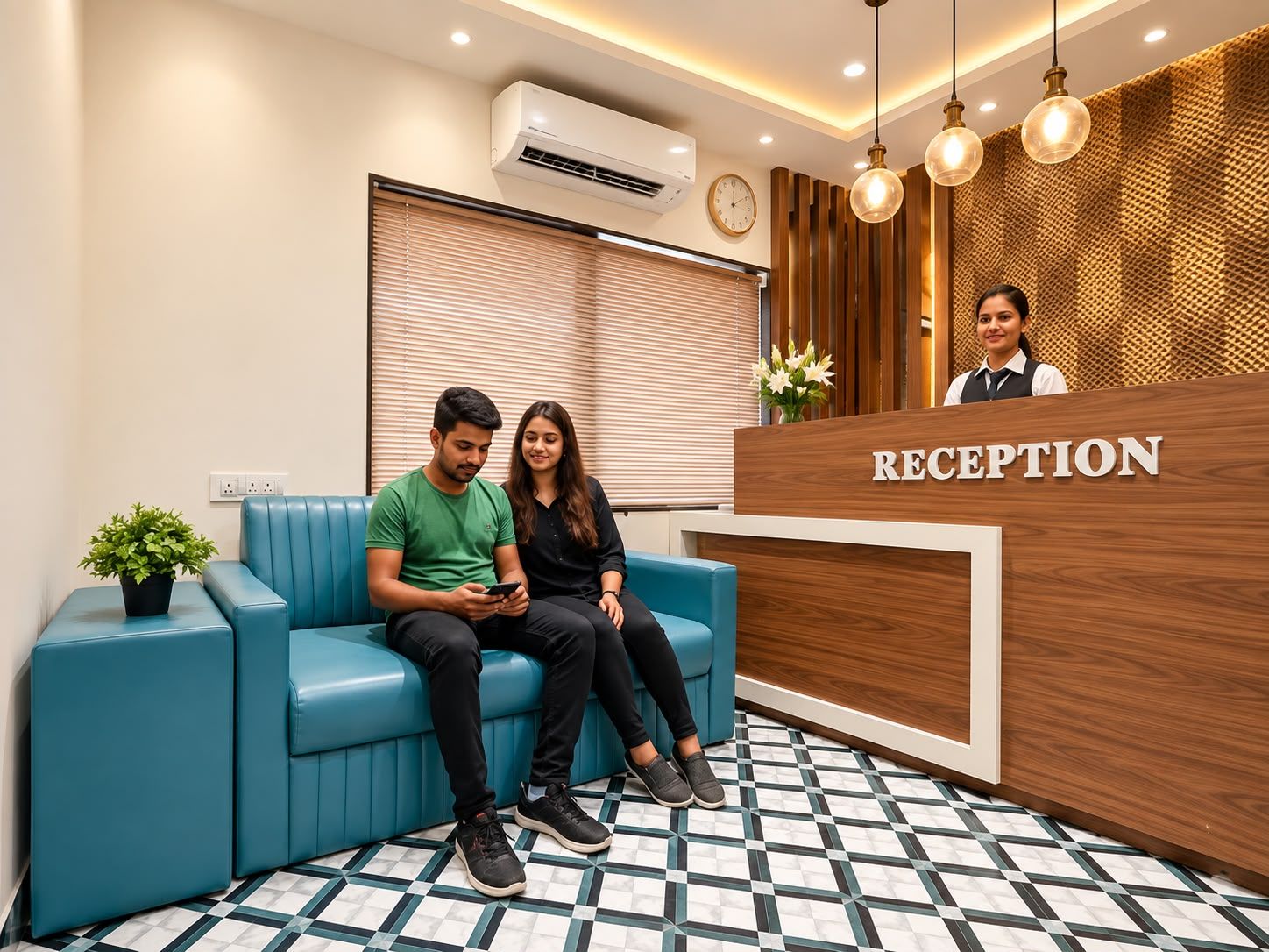 Un área de recepción con un sofá azul, un mostrador de recepción identificado como 'RECEPTION' y un equipo de aire acondicionado en la pared.