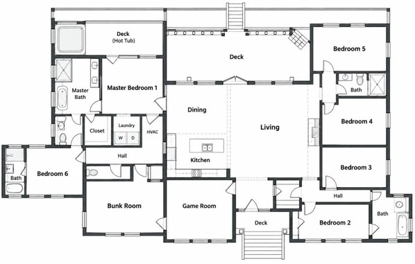 Planta baixa com quarto principal, sala de jantar, sala de estar, cozinha e vários quartos.