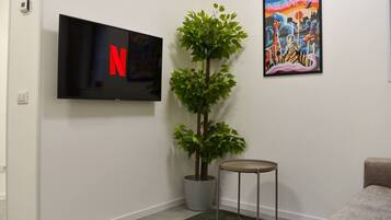 Un salon avec un téléviseur à écran plat affichant le logo de Netflix, une plante en pot, une petite table ronde et une affiche colorée accrochée au mur.