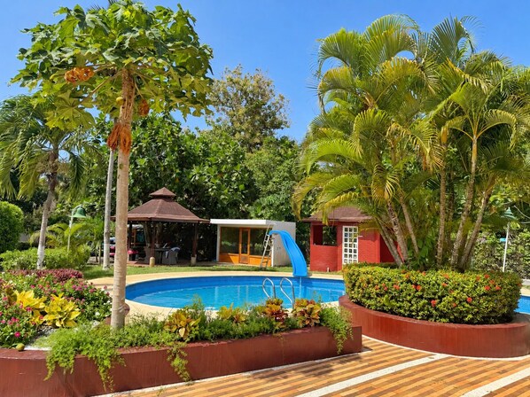 A swimming pool surrounded by lush greenery, a covered seating area, and a small building with a red exterior.
