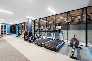 A modern gym with treadmills, elliptical machines, and a stationary bike. - Lakeside Five star Comfort w Uninterrupted Views (Melbourne)