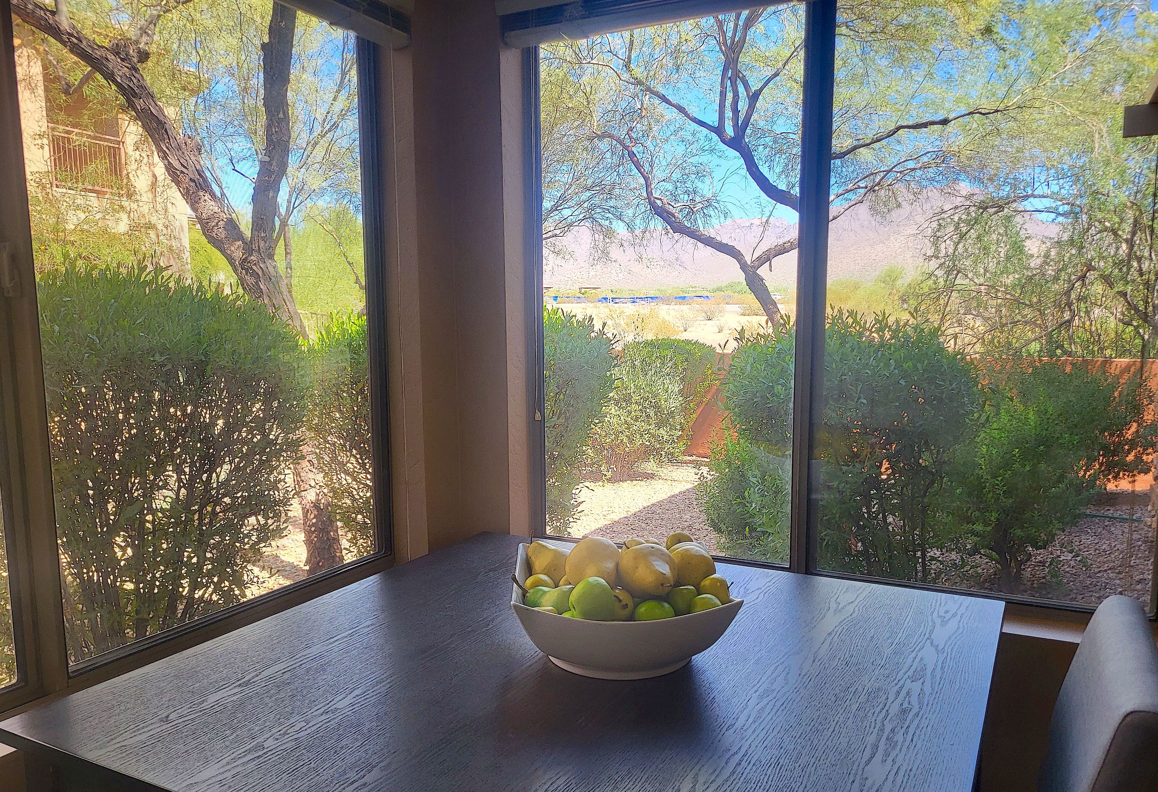 A room with a table and a bowl of fruit, large windows with a view of trees and a landscape.