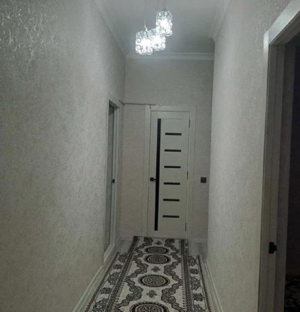 Un pasillo estrecho con alfombra estampada, una puerta blanca con picaporte negro y una lámpara en el techo.