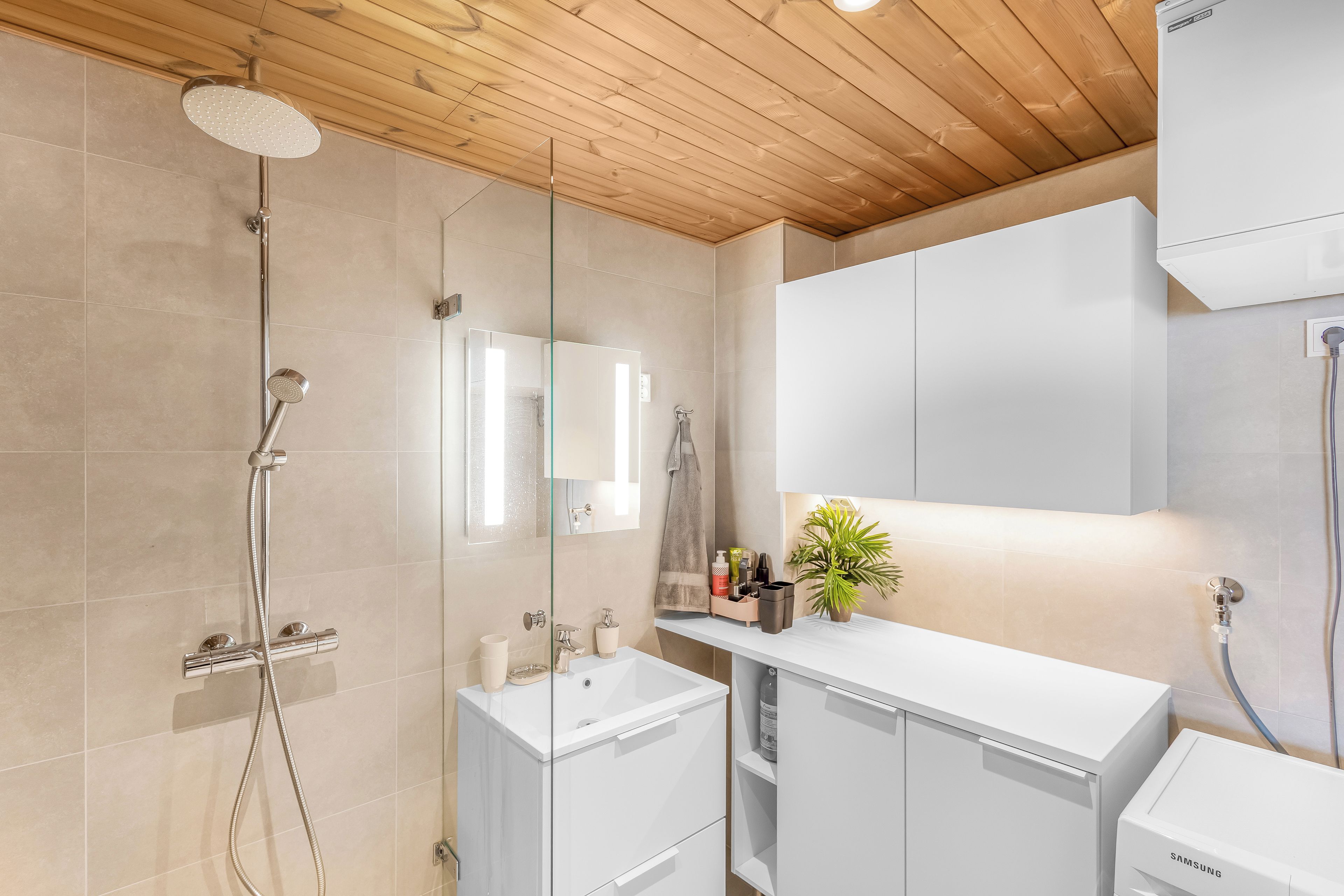 A modern bathroom with a shower, a sink, and a mirror.