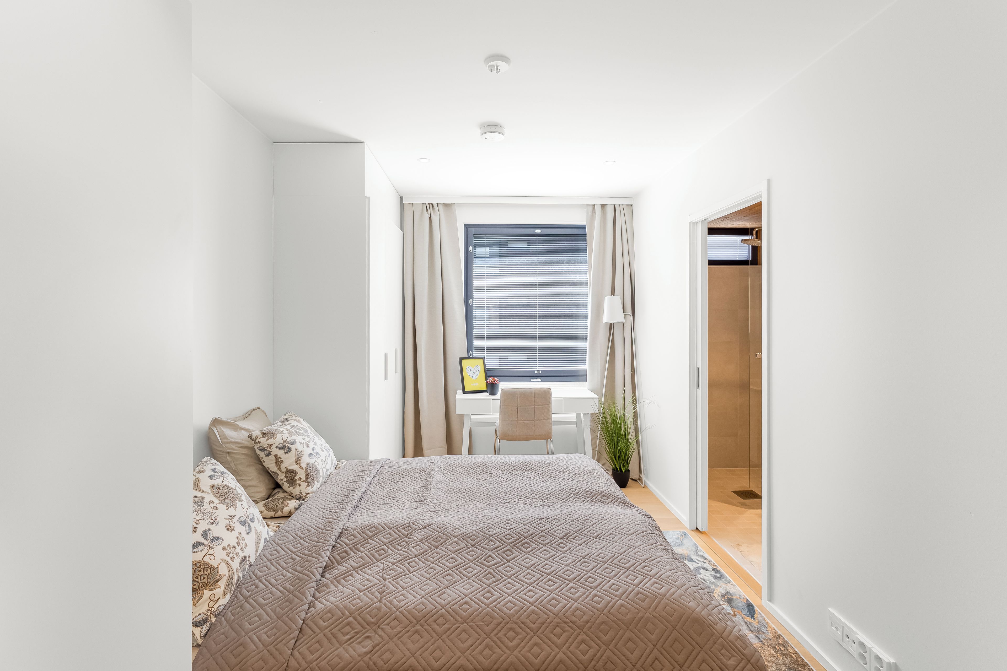 Un dormitorio con cama, escritorio, silla, planta en maceta y armario.