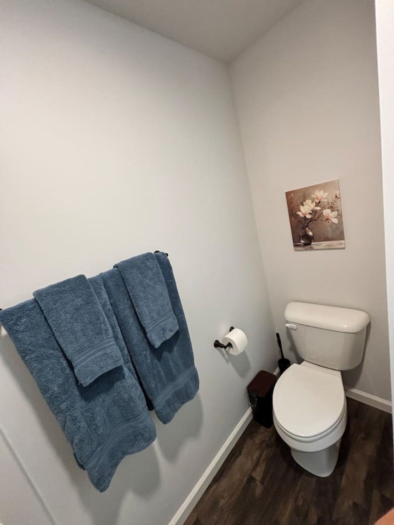 A bathroom with a toilet, a roll of toilet paper, and two towels hanging on the wall.