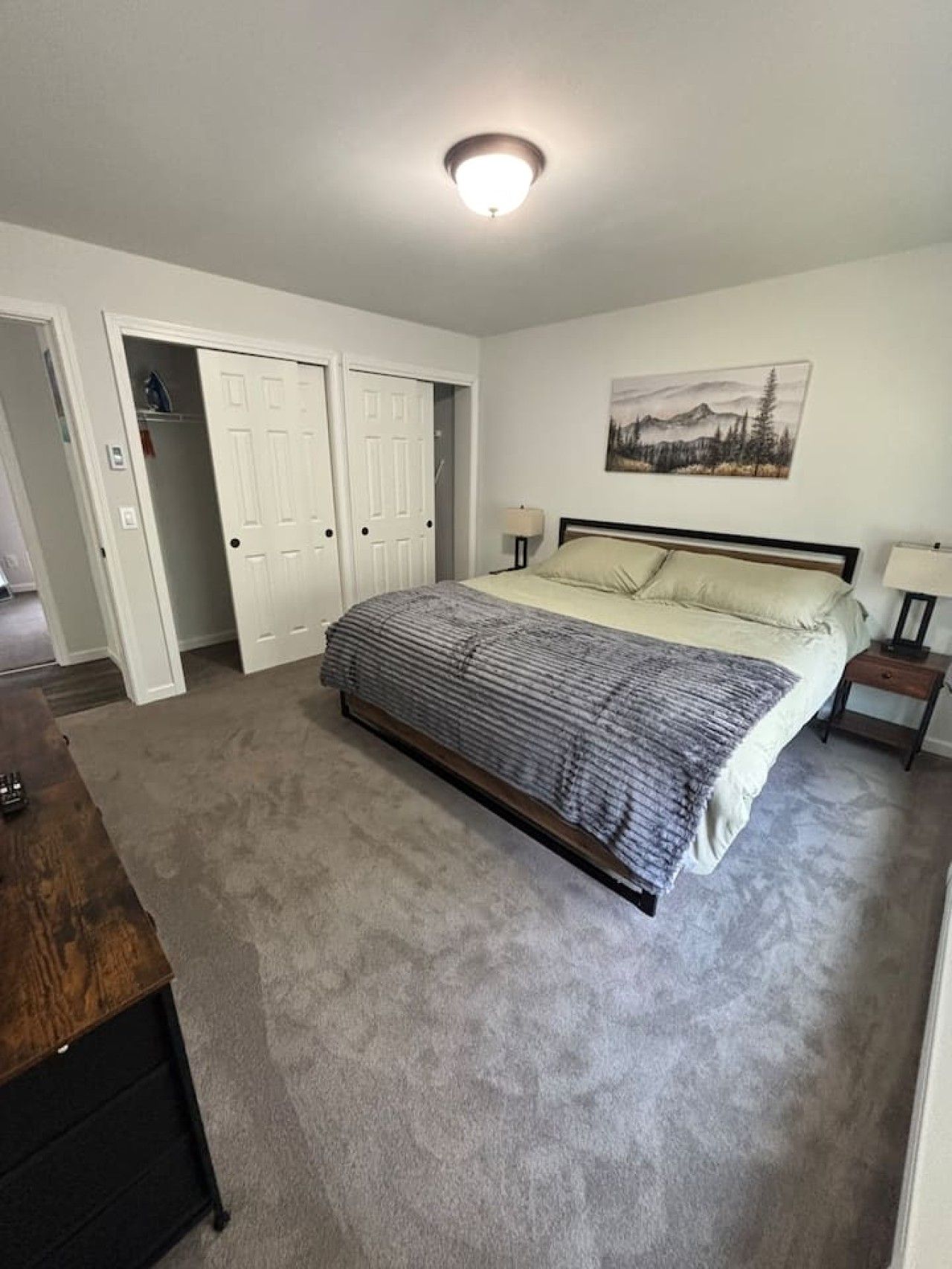 A bedroom with a bed, a nightstand, a dresser, and a closet.