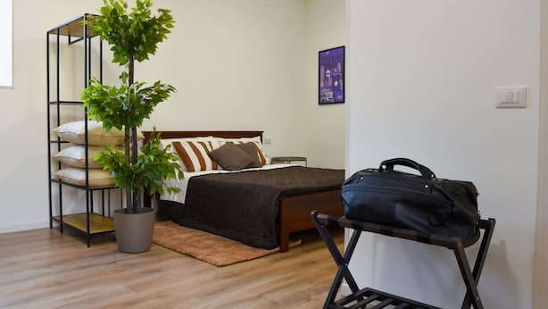 A bedroom with a bed, a potted plant, a suitcase, and a wall-mounted shelf. - Fly&Rest MXP | Suite | Airport Transfer 24/7 (Casorate Sempione)