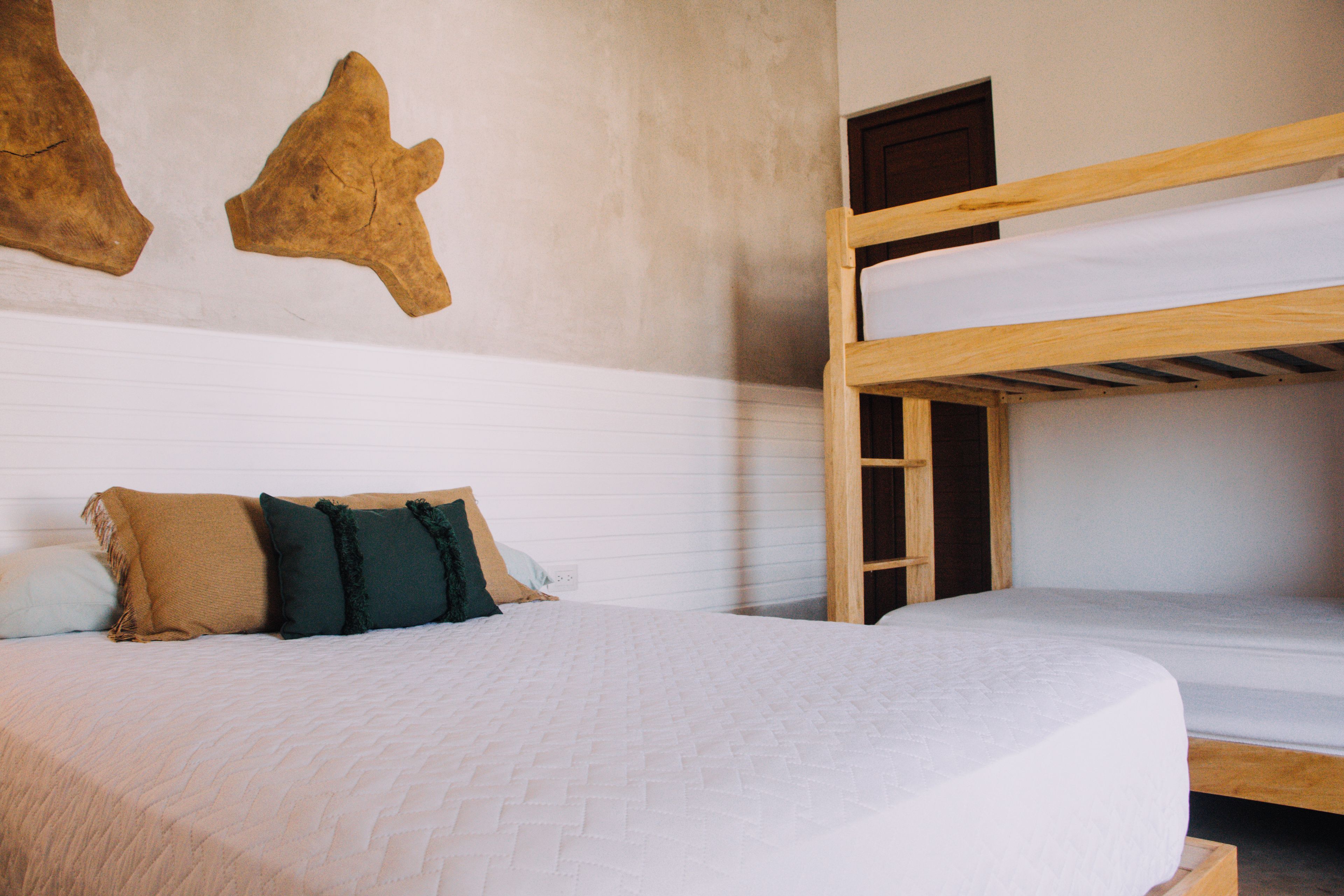 A bunk bed room with a white bedspread, two pillows, and a wooden ladder.