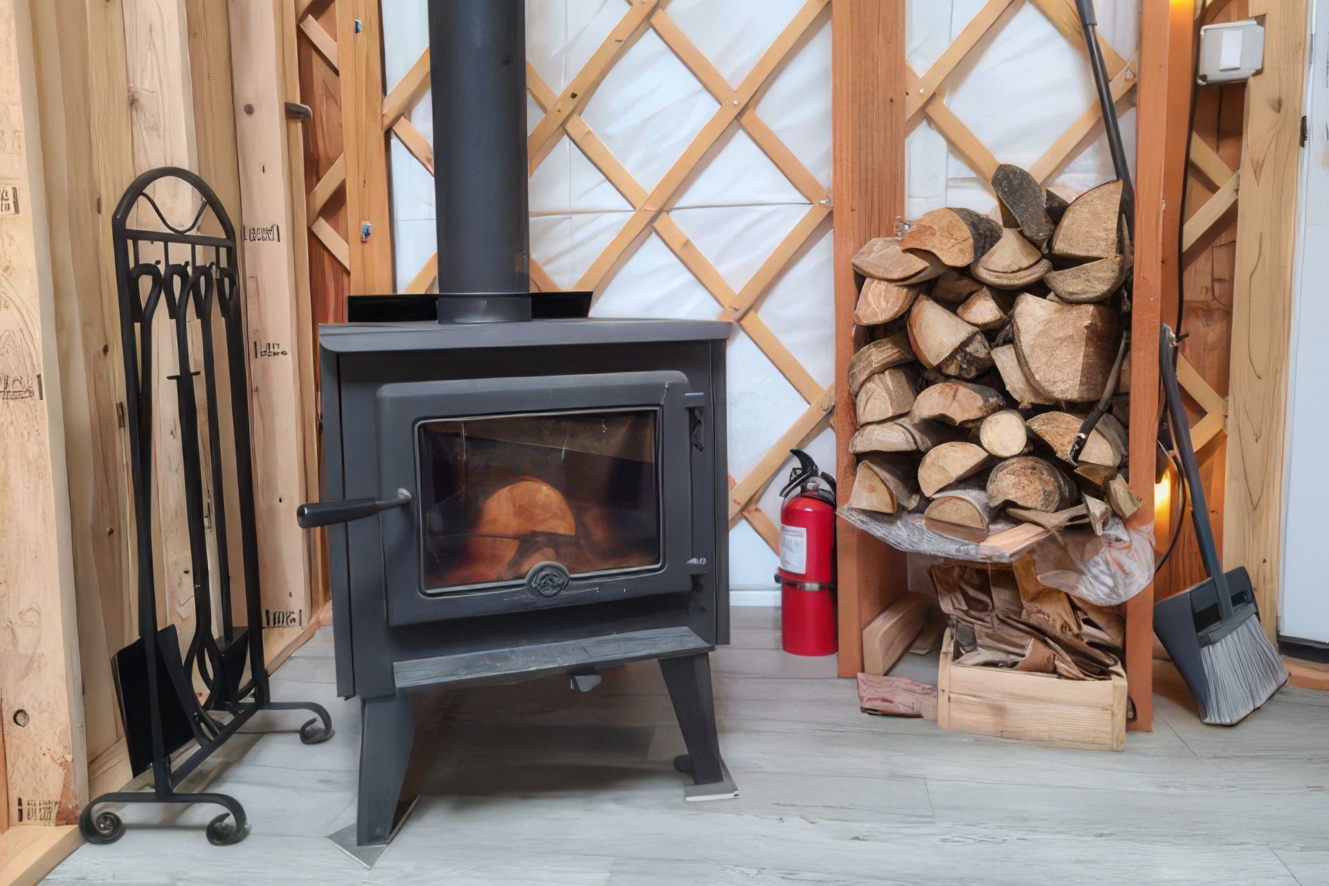 A wood-burning stove with a glass door, a fire extinguisher, and a stack of firewood.