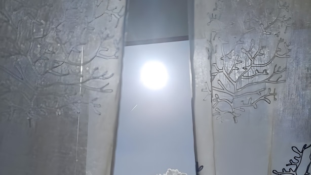 Une fenêtre donnant sur le ciel et les nuages, encadrée par un rideau orné de motifs d’arbres.