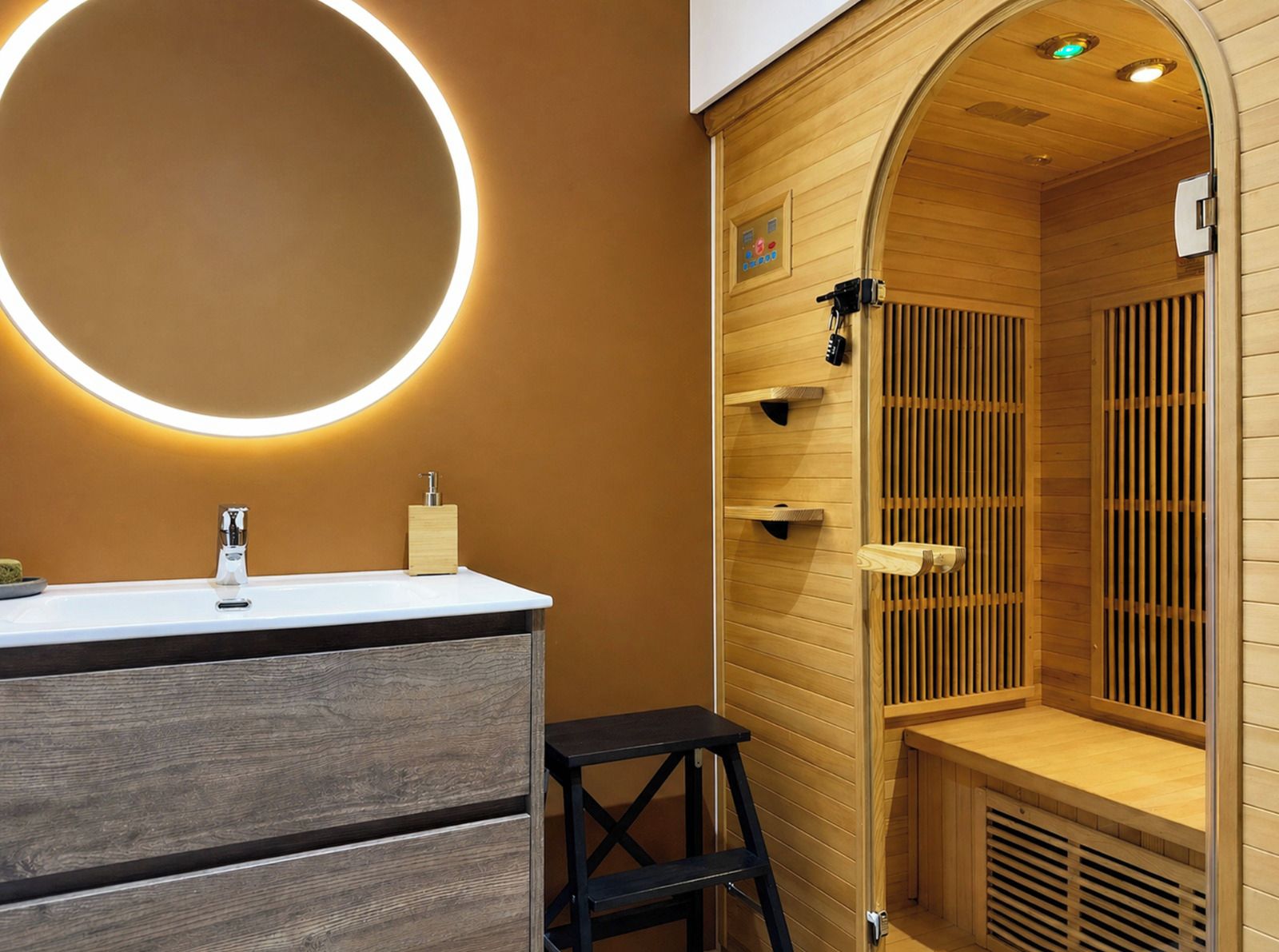 Ein modernes Badezimmer mit rundem Spiegel, Waschtisch aus Holz und einer Sauna-Bereich.