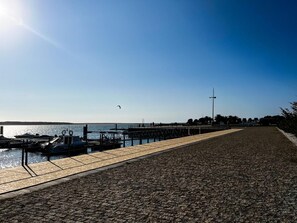 A waterfront promenade with a paved walkway, a dock with boats, and a clear sky.