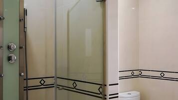 A modern bathroom with a glass-enclosed shower, a toilet, and a sink.