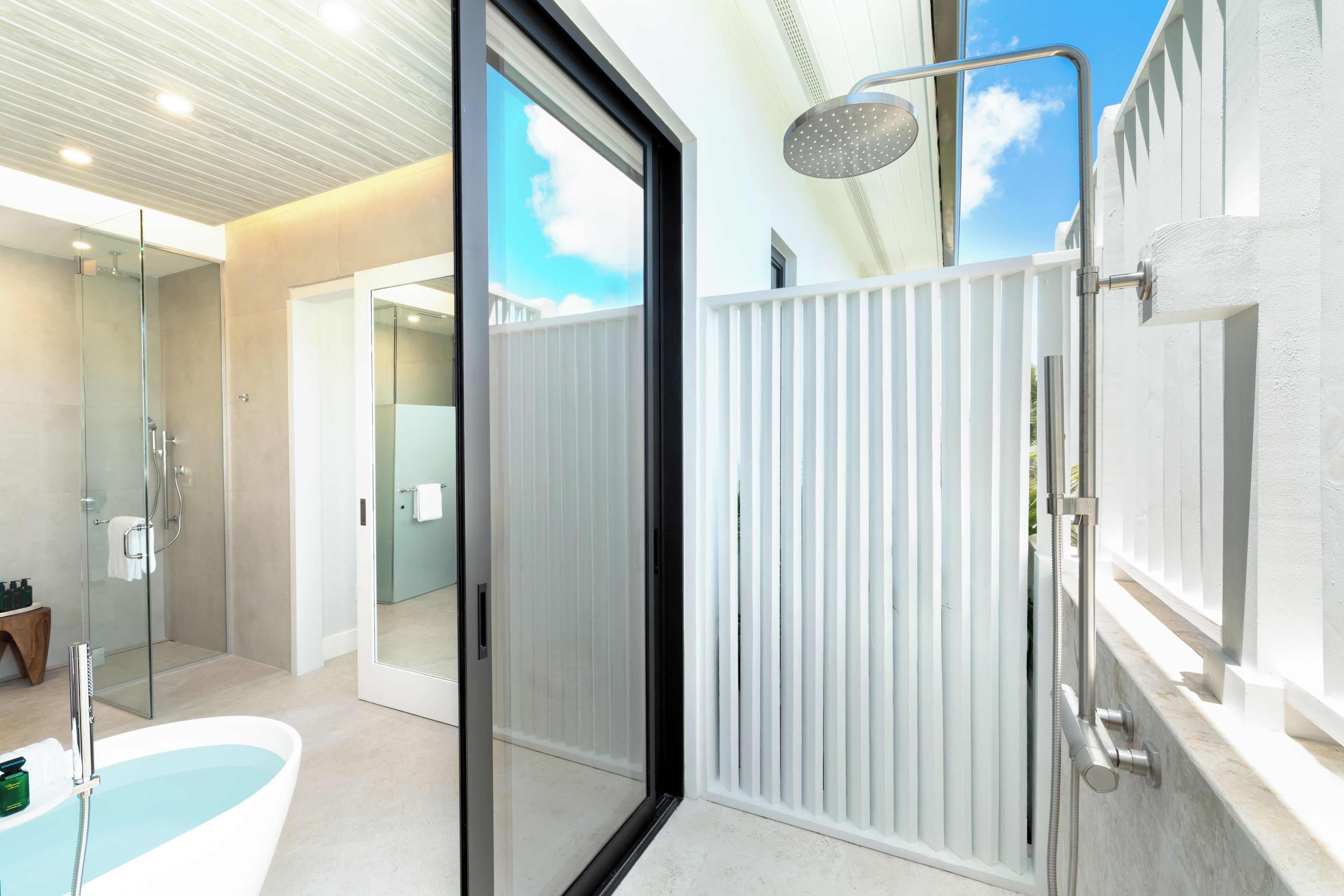 Une salle de bain moderne avec une douche à parois de verre, une baignoire sur pieds et un pommeau de douche blanc.