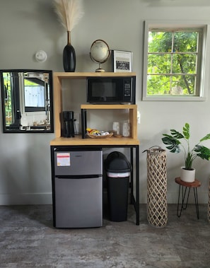 A compact kitchenette with a refrigerator, microwave, and coffee maker, a globe, and a window with a view of trees.