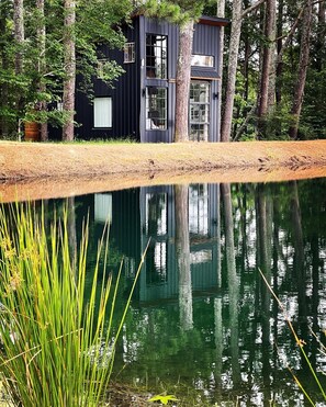 A modern house with a reflective pond in front, surrounded by trees. - Tiny treehouse- outdoor shower- pond fishing! (Boaz)