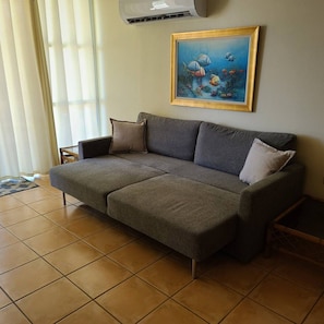 Ein Wohnzimmer mit grauem Sofa, zwei Kissen, einem gerahmten Gemälde von Fischen und einem Fenster mit Jalousien.