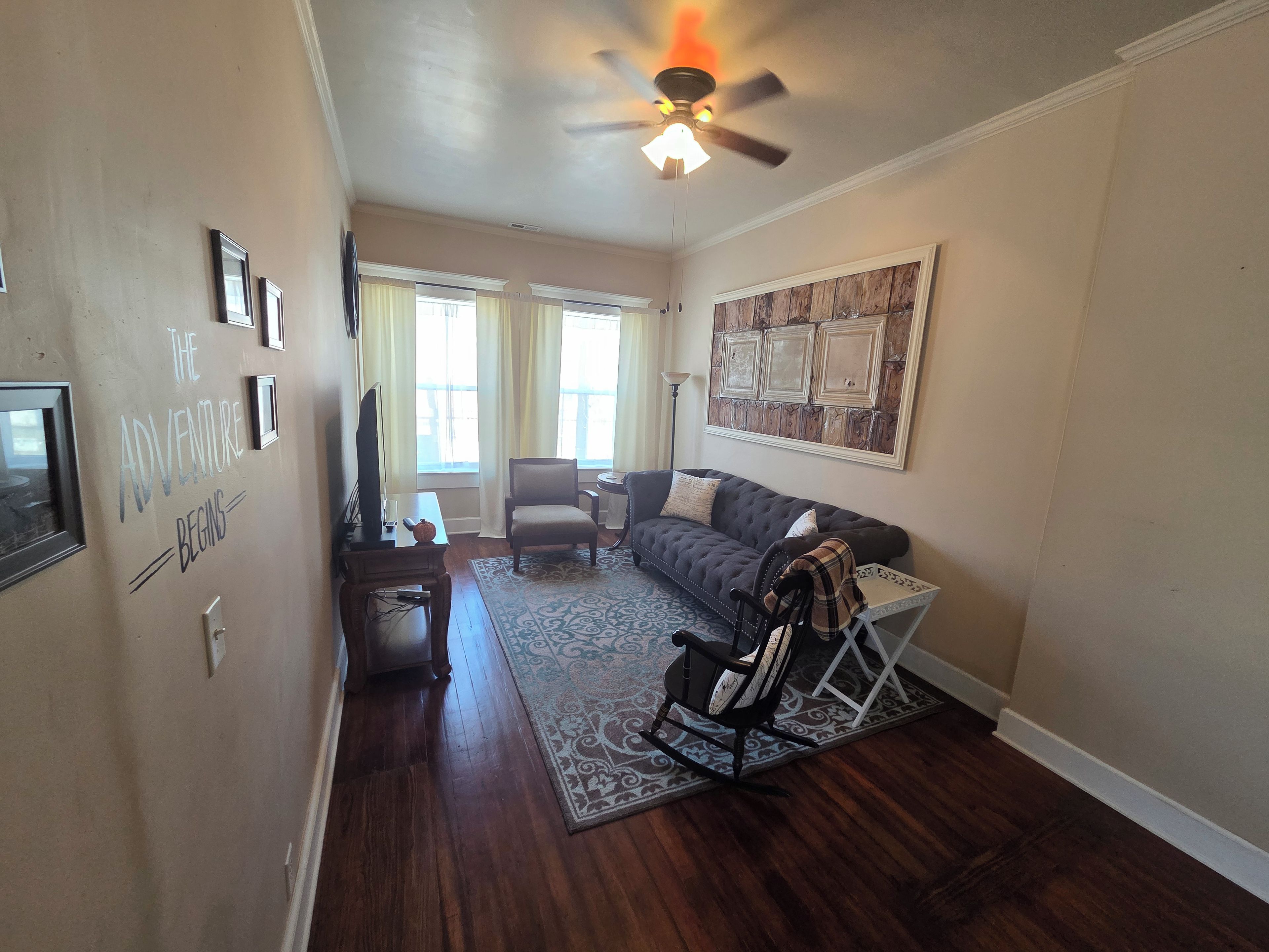 A living room with a dark-colored sofa, a patterned rug, a ceiling fan, and a wall-mounted artwork.
