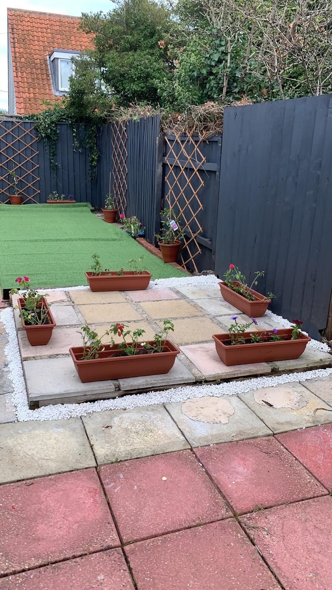 A garden with potted plants arranged on a stone patio.