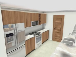 A kitchen with built-in appliances, wooden cabinets, and a microwave. - Casa Palmera: Brand-New 4BR Villa w/ Pool, 5-Min Walk to Beach (Nosara)