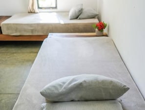 Ein Einzelbett mit Kissen und einer kleinen Topfpflanze daneben.