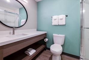 Un baño con lavamanos blanco, un espejo, inodoro y zona de ducha.