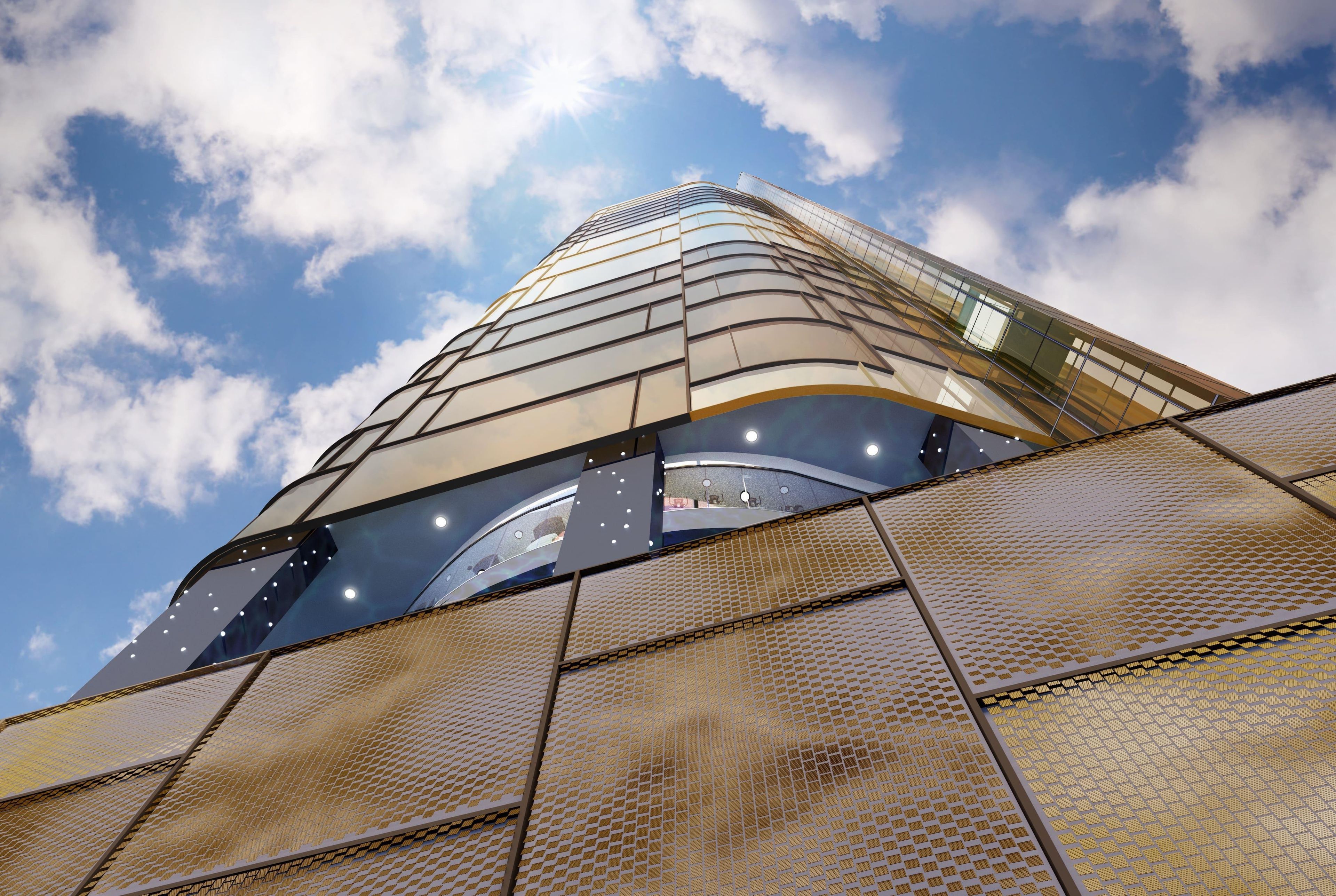 Een modern gebouw met een gebogen glazen gevel en een metalen vloer met een patroon.
