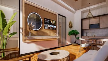 A modern interior with a living area, kitchen, and a wall-mounted entertainment unit.