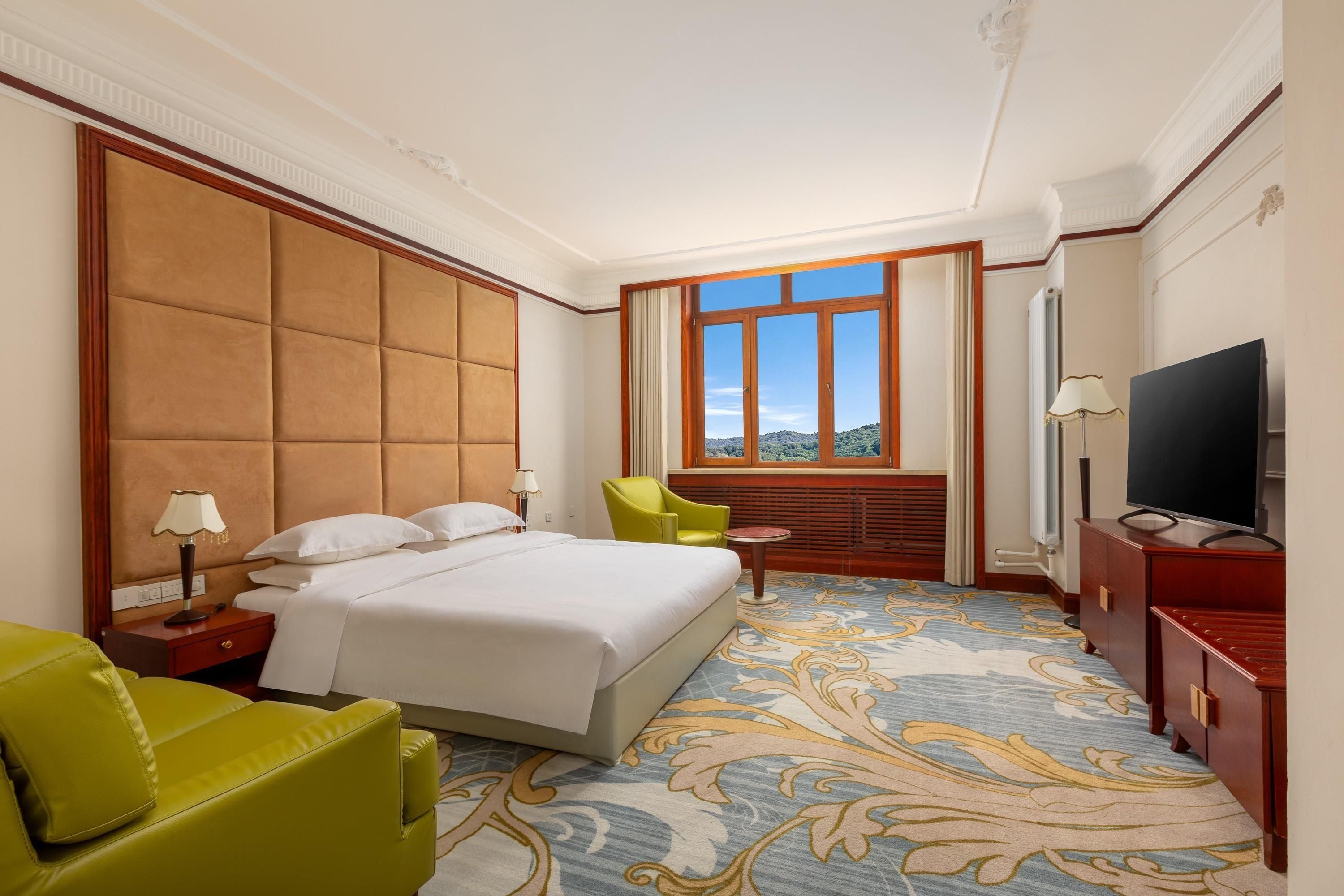 Habitació d'hotel amb un llit gran, televisió, escriptori amb làmpada, cadira i finestra amb vista a les colines.