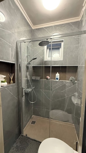 Un baño moderno con ducha envuelta en vidrio, inodoro y tocador con espejo.
