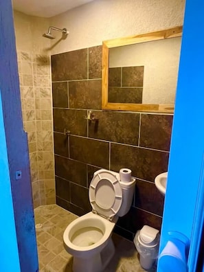 Et badeværelse med toilet, håndvask og bruser.
