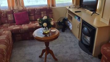 A living room with a sofa, a round table with a vase, a television, and a fireplace.
