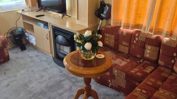 A compact living space with a sofa set, a television, a small table with a vase, and a heater.