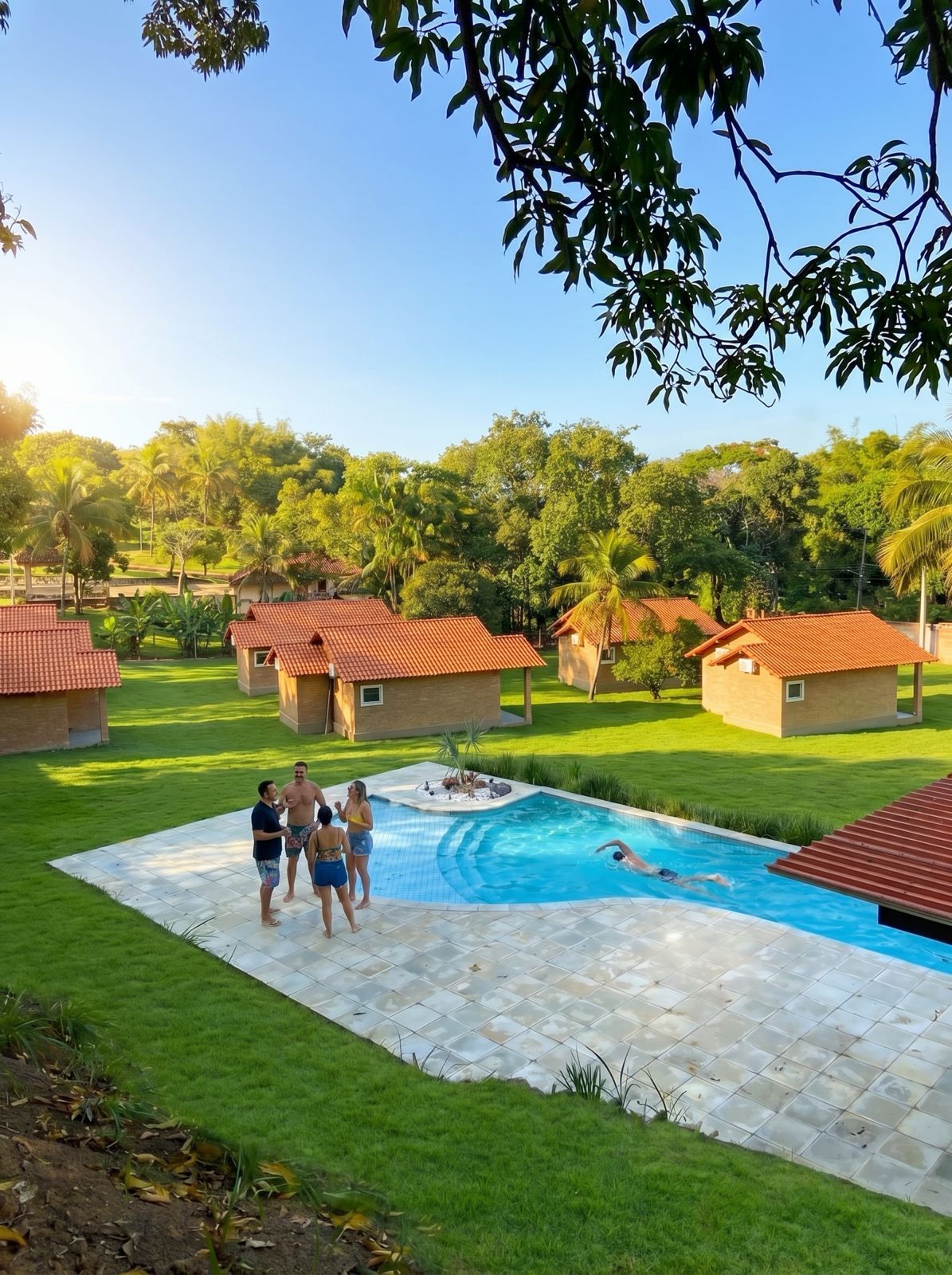 A swimming pool surrounded by houses with red roofs, a grassy lawn, and trees in the background.