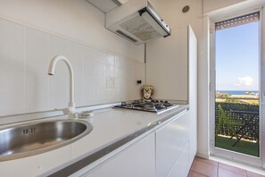 A kitchen with a stainless steel sink, white cabinets, a gas stove, and a view of the outdoors through a sliding glass door.