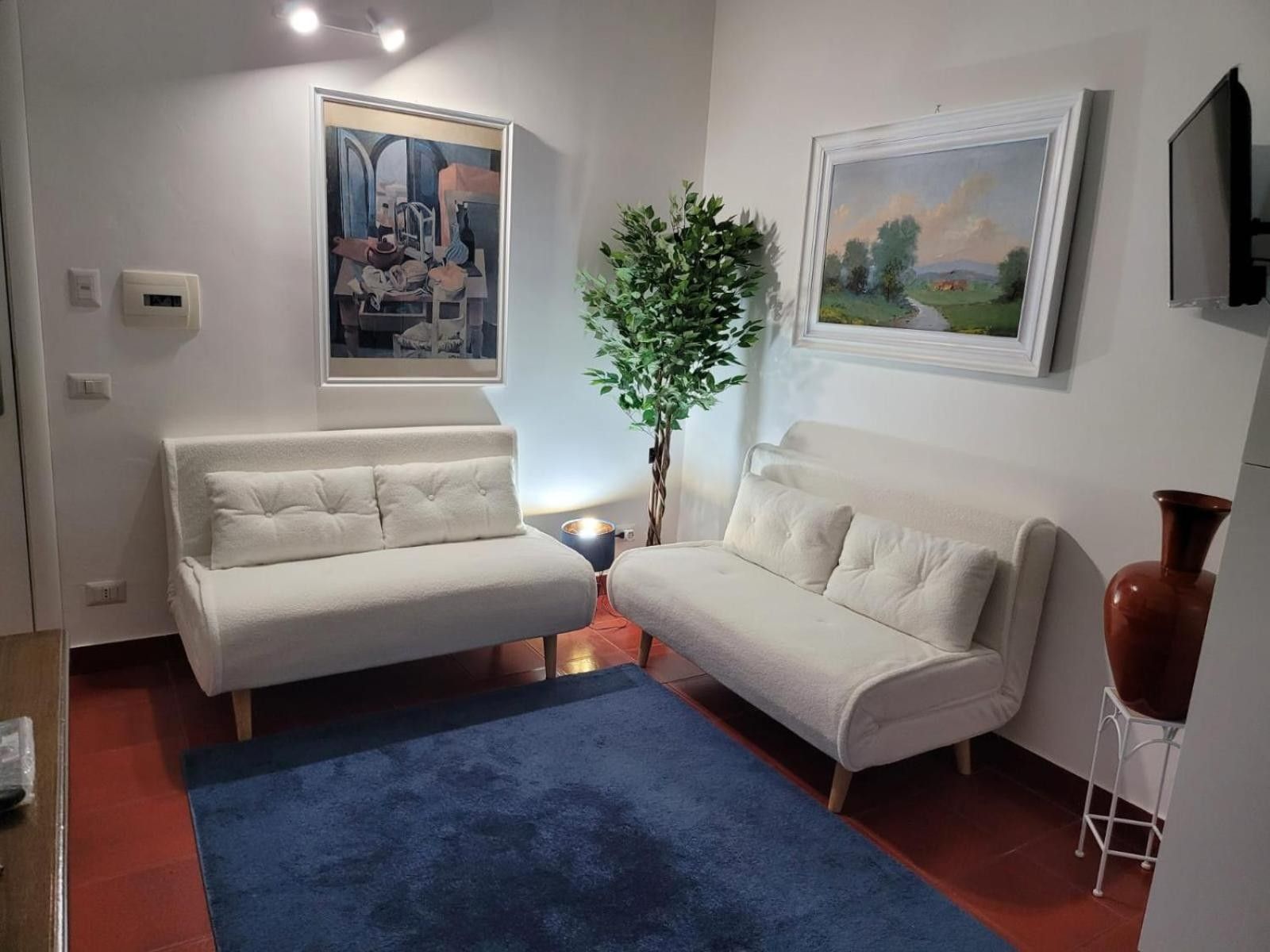 Un salon avec deux canapés blancs, un tapis bleu, une plante et deux tableaux encadrés accrochés au mur.