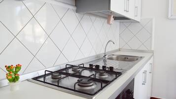 Cozinha moderna com fogão a gás, pia de aço inoxidável e painel de azulejos brancos.