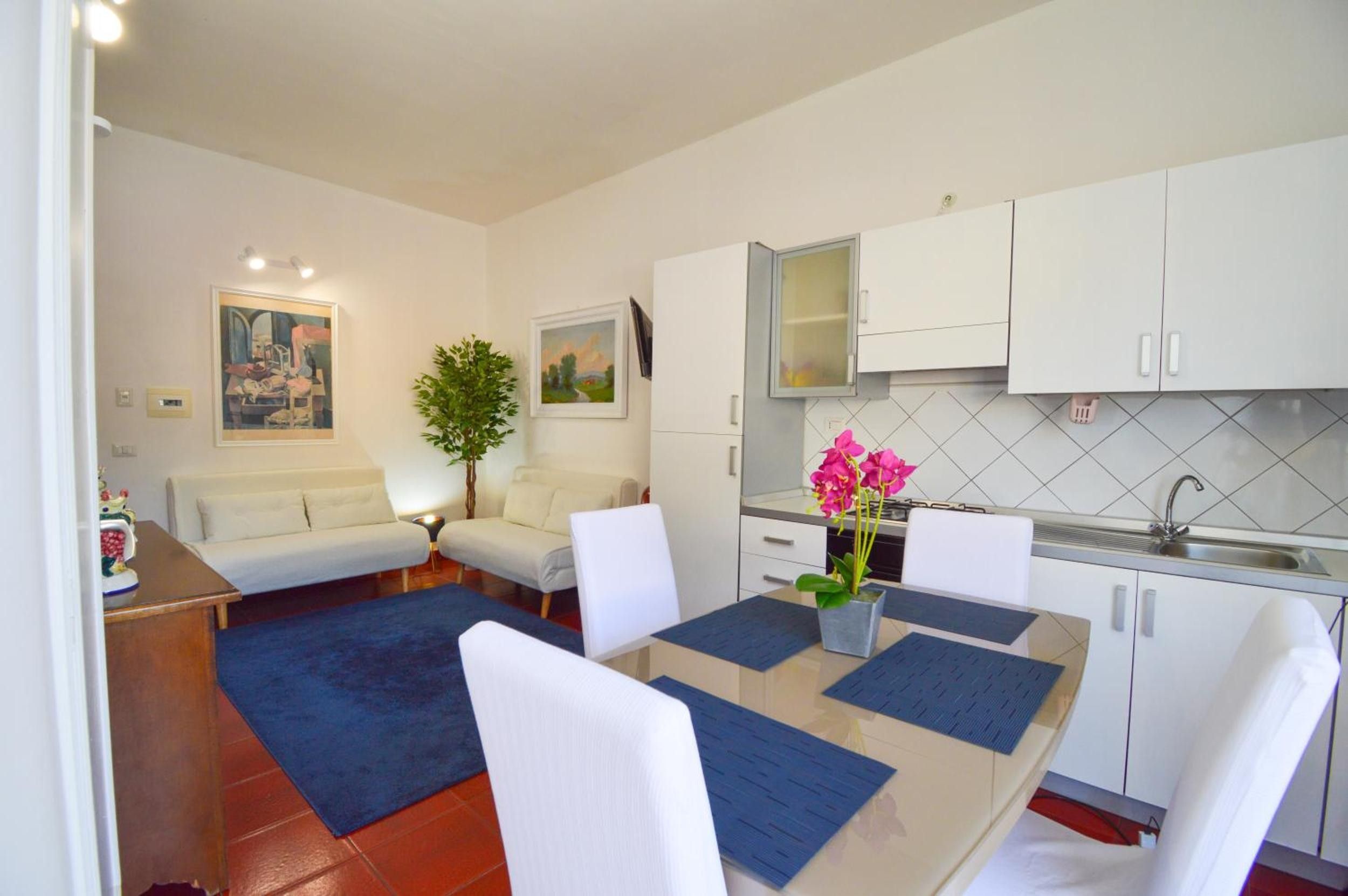 A compact living space with a kitchenette, a dining area with a table and chairs, a sofa, and a small plant.