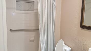 Hair dryer, towels, soap, toilet paper