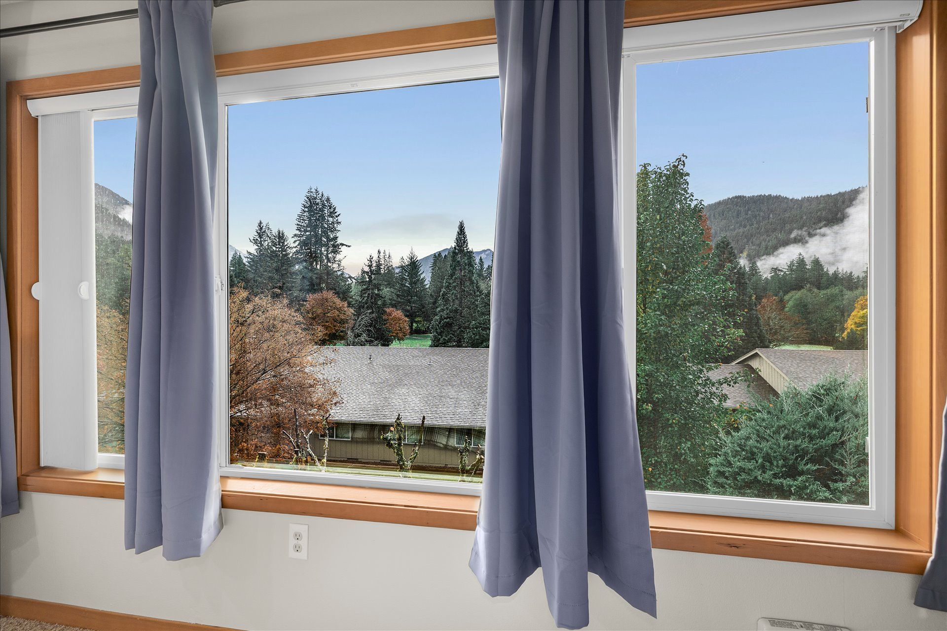 A room with a large window, curtains, and a view of a forested area with a mountain in the background.