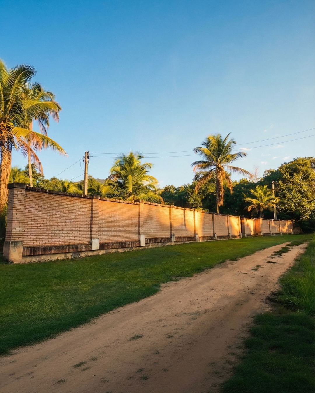 A dirt path leading to a brick wall with palm trees on either side.
