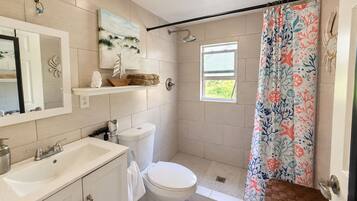 Un baño moderno con ducha, inodoro y lavamanos.