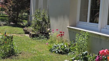 Un jardin où l’on trouve une grande variété de fleurs et un bâtiment doté d’une fenêtre et d’une applique murale.