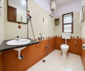 A bathroom with a white sink, a toilet, and a shower. - Deluxe Room Sri Sai Guest House (Visakhapatnam)