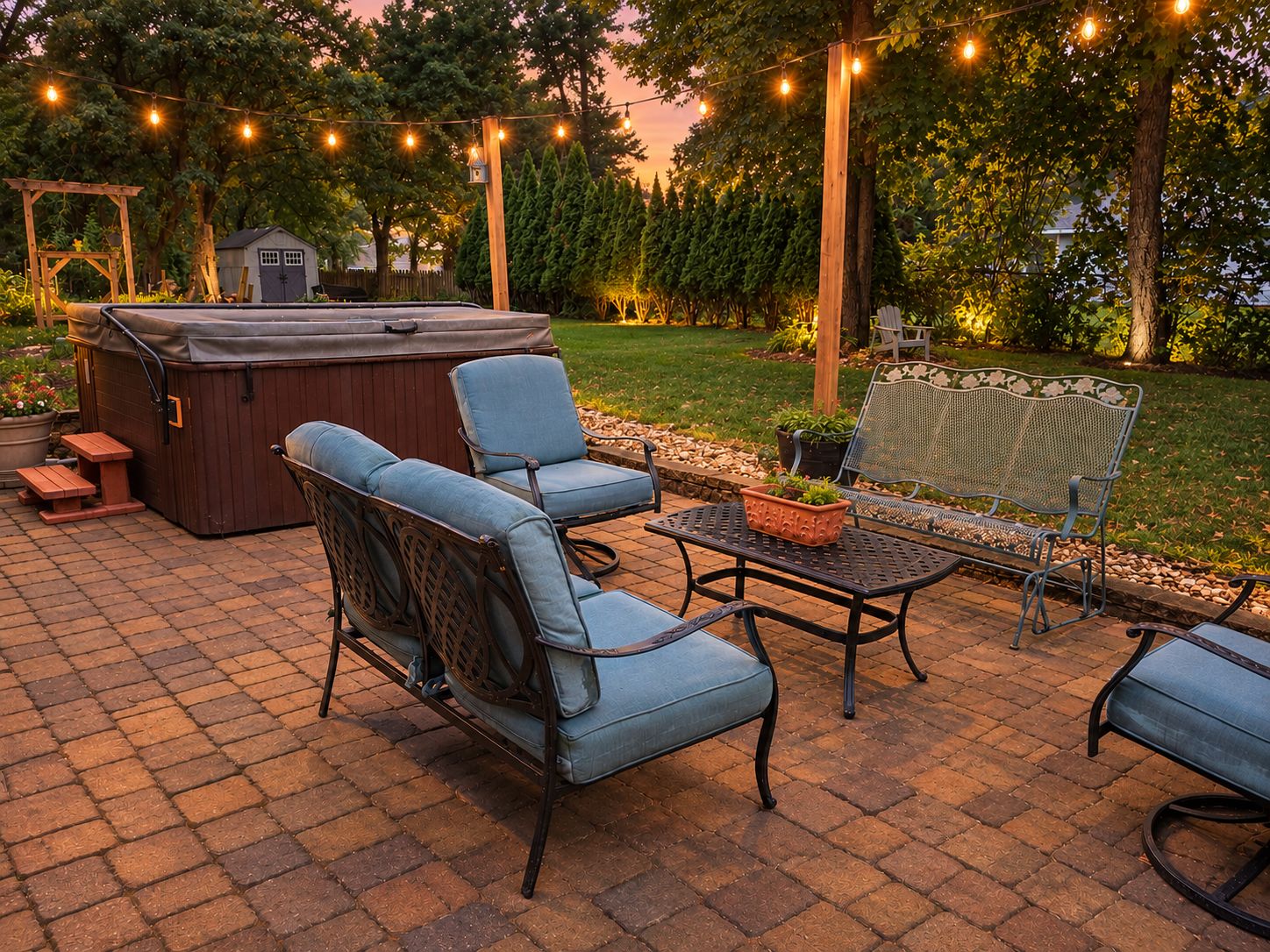 Eine Außenpatio mit Whirlpool, Sitzgelegenheiten und Lichterketten.